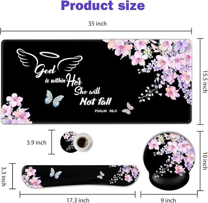 ARTSO Large Mouse Pad Ergonomic Keyboard Wrist Rest Support Combo, Psalm 46:5 God is Within Her, She Will not Fall -Bible Verse Flower Butterfly Extended Desk Mat Blotter