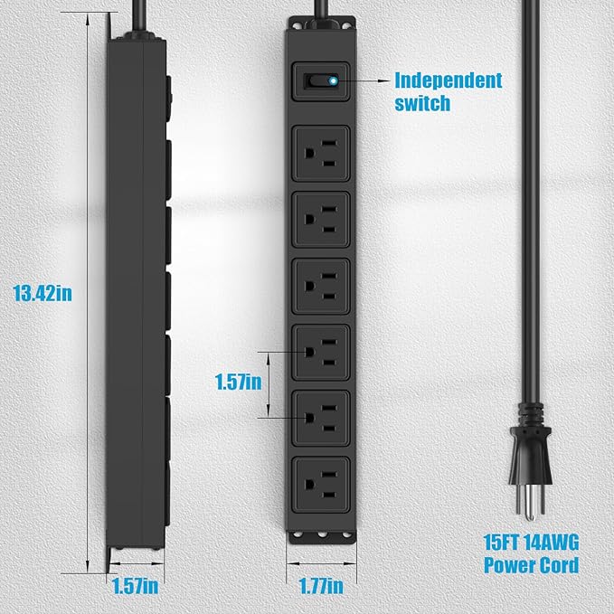 Magnetic Wall Mount Power Strip, Under Desk 6 Outlet Mountable Socket, Metal Long Heavy Duty Surge Protector for Garage, Gaming Table Or Workspace, 15FT Extension Cord.