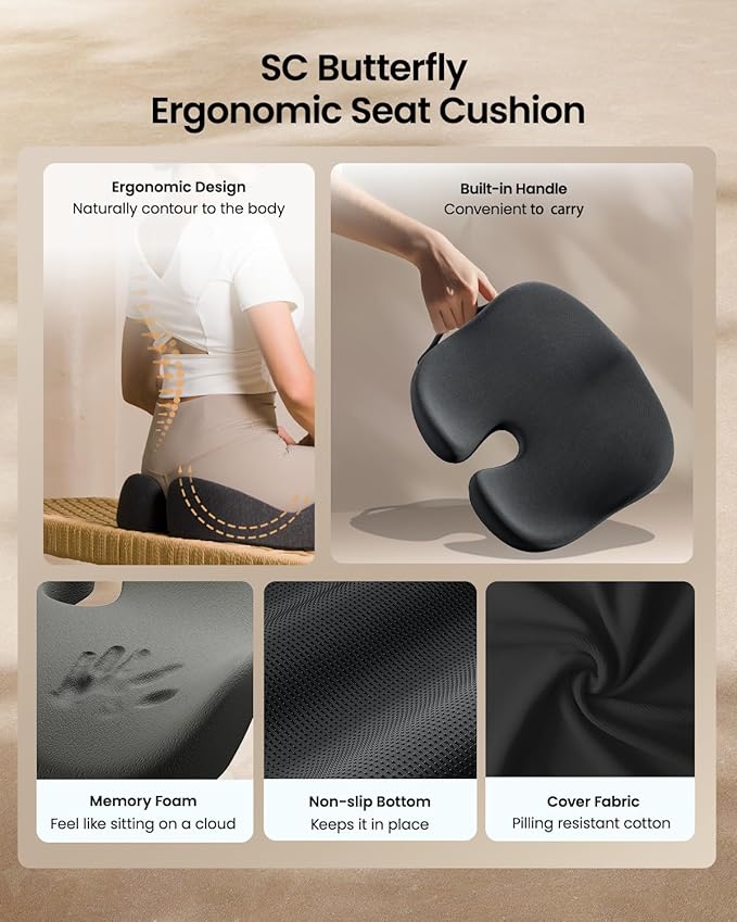 ProtoArc Seat Cushion, Office Chair Cushion for Sciatica, Coccyx Cushion, Ergonomic Memory Foam Seat Cushion for Car, Home, Pressure Relief Pad for Hip, Tailbone, All Day Comfort - Black
