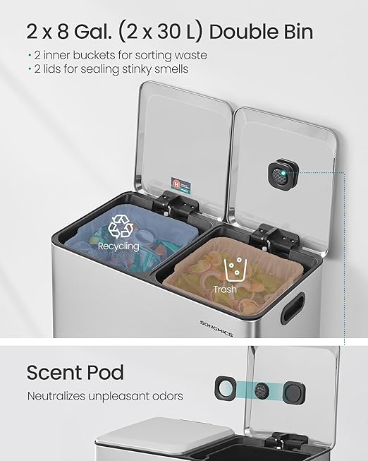 SONGMICS Trash Can, 2 x 8 Gallon (2 x 30 L) Double Garbage Can with Soft-Close Lids, Removable Inner Buckets, Pedals, Stainless Steel, for Waste and Recycling, Metallic Silver ULTB743E01