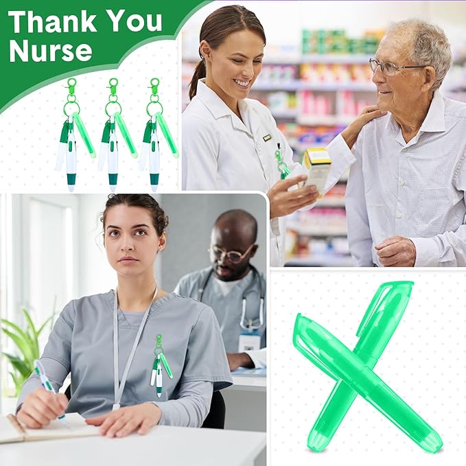 Sherr 25 Sets Retractable Nurse Pens with Mini Highlighter Permanent Marker Keychain Clip Badge Reel Pen Accessories for Nursing Students Medical Staff Office Stocking Stuffer Gift(Green)