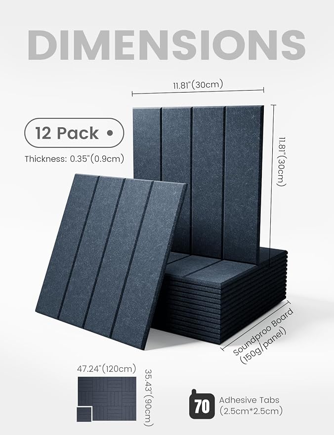 Felt Bulletin Board Tiles Large 48" x 36" Cork Board Alternative-12 Pack with 70 Adhesive Tabs, Thick Slat Wall Panels for Office Decor, Push Pin Board Wall Organizer -Deep Charcoal Blue