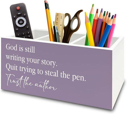 Purple Christian Pen Pencil Holder Organizer for Desk, Christian Gifts for Women, God Is Still Writing Your Story Bible Verse Wooden Box Sign for Home Office Desk Tabletop Decorations
