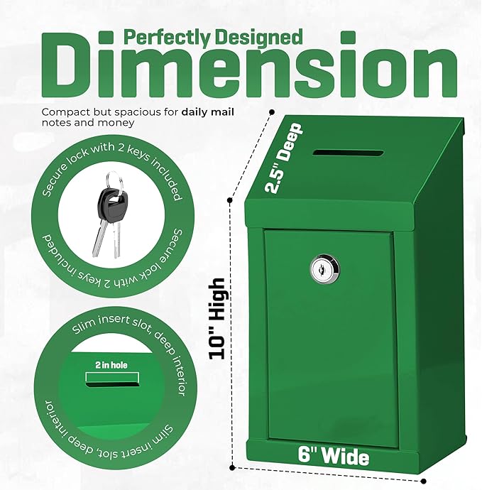 Metal Donation Box-Suggestion Box with Slot and lock-Cash Lock box for Money-Secure Drop Box-Comment and ballot voting box-comes with pre-drilled holes for easy wall mounting 10 X 6 X 2.5"(Green)