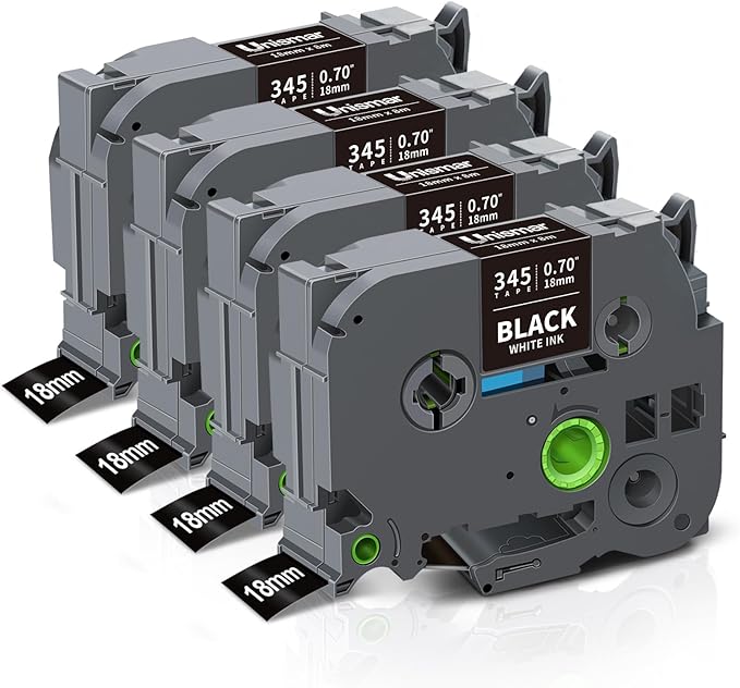 Unismar TZe-345 Compatible for Brother Ptouch 18mm 0.7 Laminated White on Black Label Tape TZ345 TZ Tape Work for PT-D400AD PT-D410 PT-D600 PT-D400 PT-2700 PT-1880 Label Maker, 3/4'' x 26.2', 4-Pack