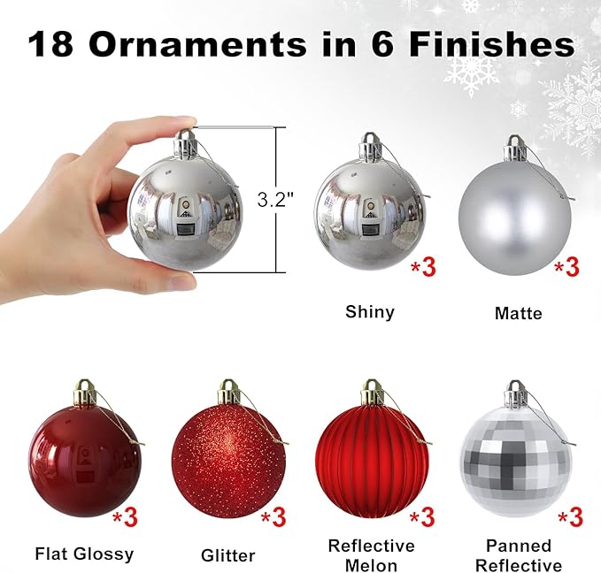 Silver & Red 3.2" Large Christmas Balls - Christmas Tree Decoration Ornaments Shatterproof Hanging Balls for Birthday Halloween Holiday Wedding Decorations Set of 18pcs