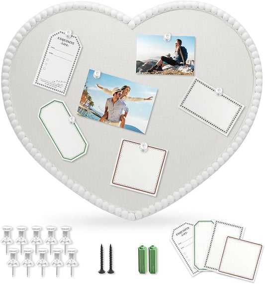 Large Heart Cork Bulletin Board with Linen, 24x19 Inch White Wood Frame Cute Picture Pin Board, Decorative Vision Board for Home Office, Study, Bedroom and Dormitory