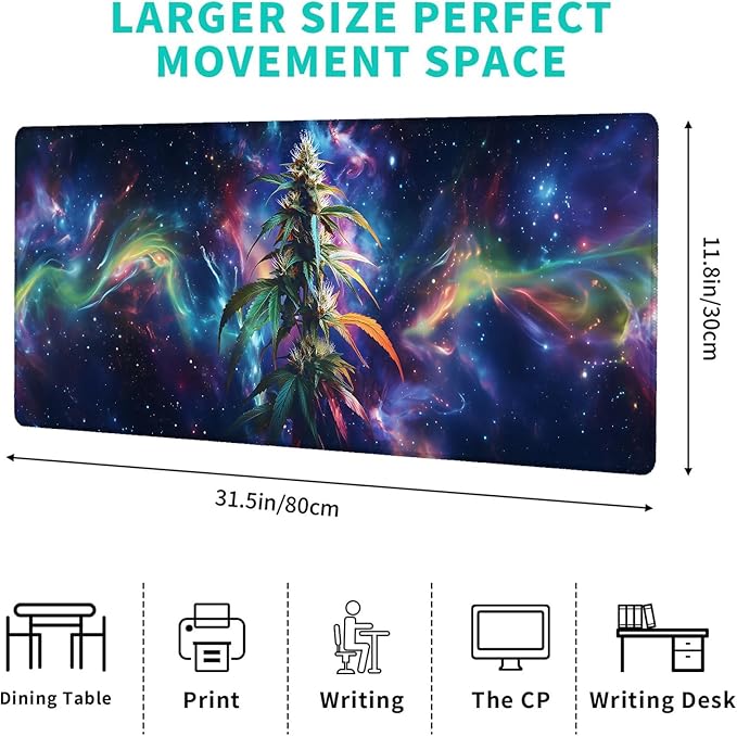 Green Weed Plant Gaming Mouse Pad,12x31.5in Non-Slip Rubber Botanical Desk Mat,Large Extended Cosmic Mystical Leaf Mousepad for Office Home Laptop,Mice Pads Gifts,Game Lover Deskmat Decor