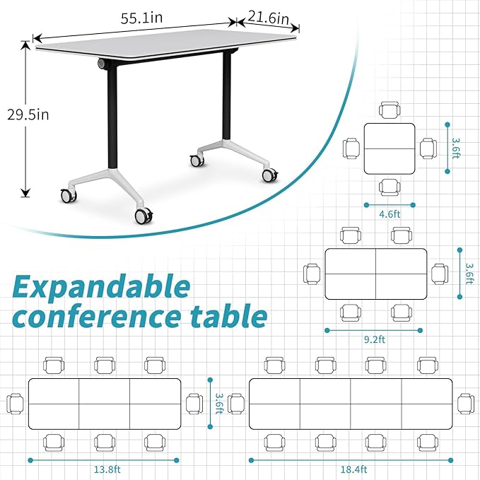 Folding Conference Table, Modern Conference Room Tables with Flip-Top Design, Foldable Conference Table Meeting Table with Wheels, Mobile Seminar Training Tables for Office Classroom (4, White 2)