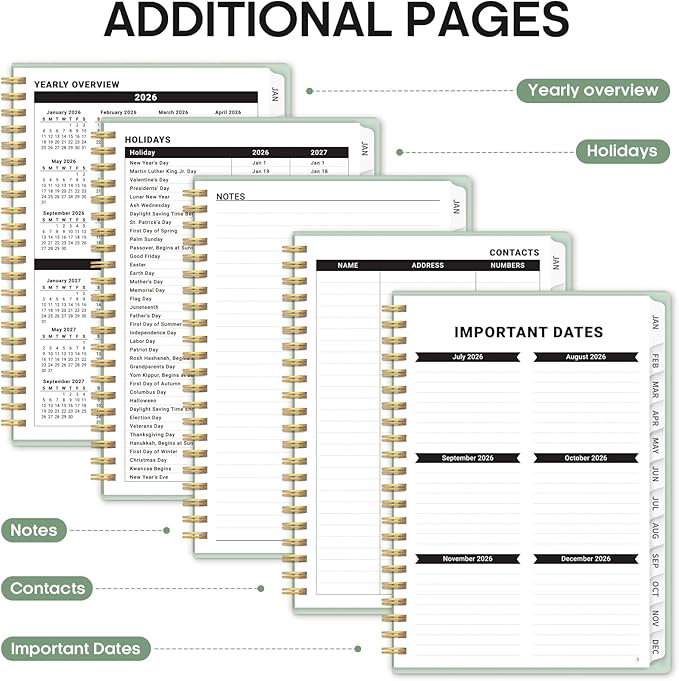 2026 Planner, Weekly and Monthly Calender Planner, Jan 2026 to Dec 2026, Hardcover 2026 Calendar Planner Book with Tabs & Inner Pocket, Office Home School Supplies for Women & Men - A4 (8.5" x 11"), Mint