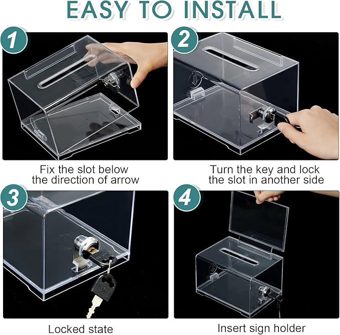 Chunful 10 Pcs Acrylic Donation Box with Lock and Sign Holder Clear Ballot Donation Boxes with Slot for Fundraising Suggestion Box Storage Container for Voting, Raffle Bowl, Tip Jar