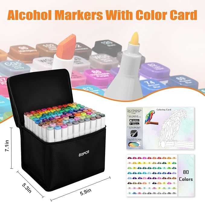 80 Colors Alcohol Markers with Free App, Chisel Tip and Fine Tip, Dual Tip Alcohol-Based Marker set for Artist Adults, Art Markers for Painting, Coloring, Sketching and Drawing,Great Gift Idea