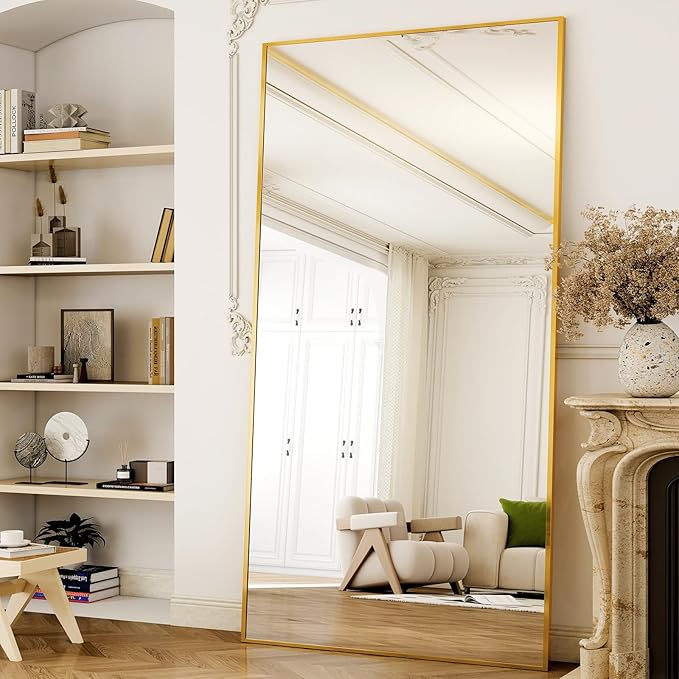 GLSLAND-38 x 77" Rectangular Full Length Mirror - Large Floor Mirrors Aluminum Alloy Frame Full Body Dressing Mirror for Bedroom, Living Room,Gold