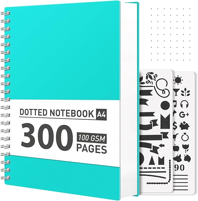 AHGXG Bullet Dotted Journal Spiral Notebook - Large A4 Dotted Notebook 8.5''×11'', 300 Pages Dot Grid Notebook, 100gsm Thick Paper, Plastic Hardcover, with Journal Stencils - Lake Blue