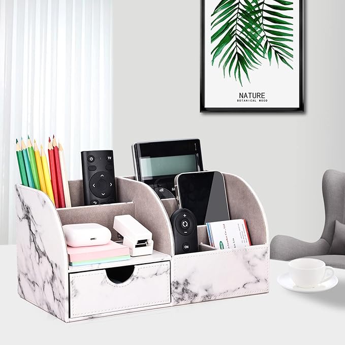 KINGFOM Pu Leather Desk Organizer Pen Pencil Holder Office Supplies Caddy Storage Box 6 Compartments with Drawer Gray Marble