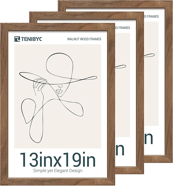 13x19 Walnut Picture Frame Set of 3 with HD Glass- Natural Brown, Solid Wood Poster Frame, Wall Hanging