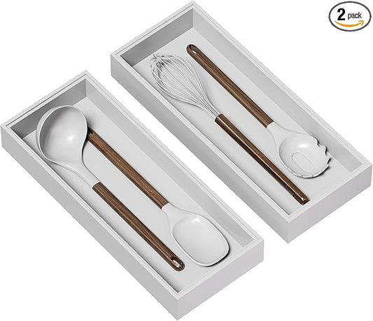 Kitchen Drawer Organizer - 2 Pack, Stackable Bamboo Drawer Organizers, Wooden Storage Box Tray for Cabinet, Pantry, Bathroom Countertop, Multi-use Organization and Storage (White)