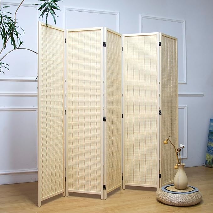 5 Panel Room Divider and Folding Panel Screen,Bamboo Panel Divider Screen for Room Separation,Beige,67" H x 76.75" W