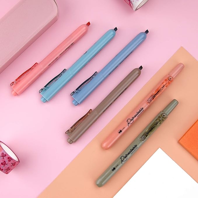 WRITECH Retractable Highlighters Assorted Colors: Chisel Tip Click Aesthetic Highlighter Marker Pens Pack Multi Colored Ink No Bleed Smear for Highlighting Journaling (6ct Vintage)