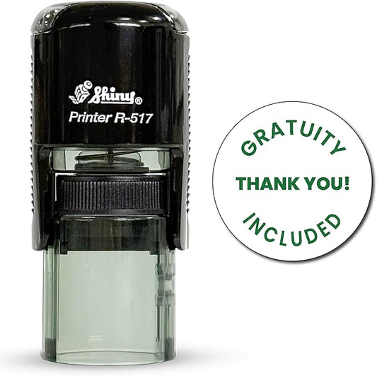 Shiny Gratuity Included Stamp, Round Self Inking Stamp for Restaurant, Bar and Retail, Green Ink