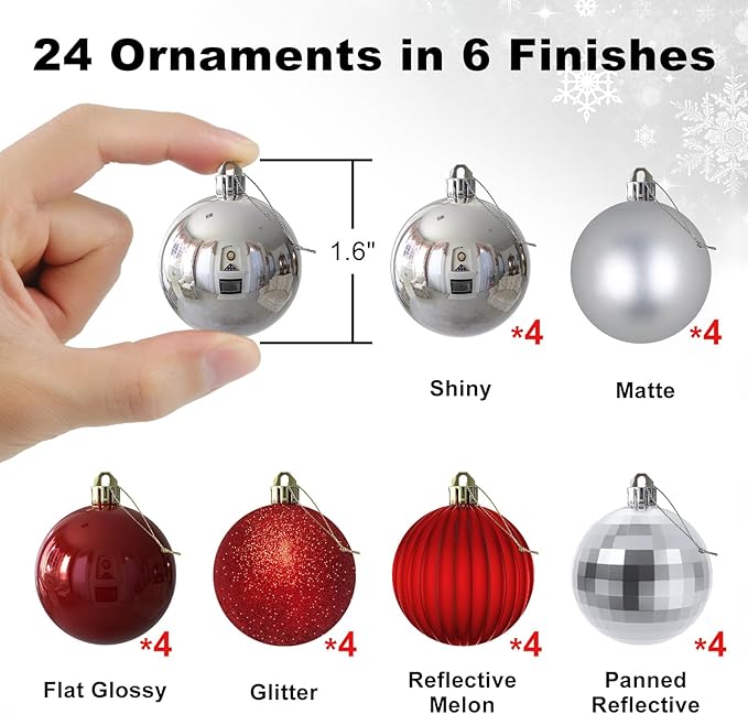 Silver & Red 1.6" Small Christmas Balls Christmas Tree Decoration Ornaments Shatterproof Hanging Balls for Birthday Halloween Holiday Wedding Decorations Set of 24pcs