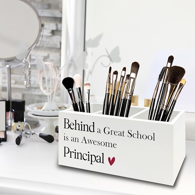 Principal Gifts Pen Pencil Holder Organizer for Desk, Gifts for Principals Women Men, Behind a Great School Is an Awesome Principal Wooden Box Sign for Office Workplace Desk Tabletop Decorations