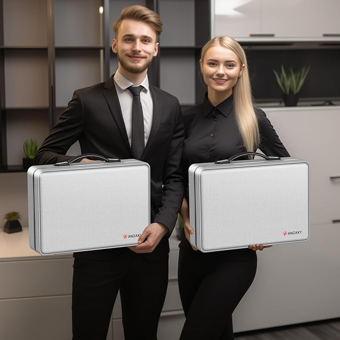 Fireproof Document Box with Fireproof Zipper, Hard Inner Shell Fireproof Document Bag with Lock, Fireproof Water Resistant Important Document Organizer 16 inch Laptop File Briefcase (Silver)