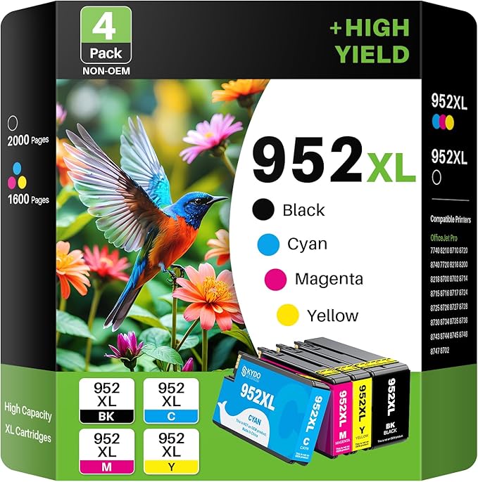 Compatible 952XL Ink Cartridges Combo Pack Replacement for 952 952XL 952 XL Ink Cartridges Color Use with Officejet Pro 8720 8702 8710 7740 7720 8725 8715 8210 8740 (4 Pack, BK/C/M/Y)