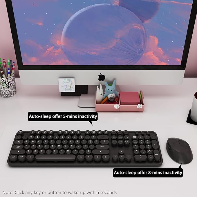 Wireless Keyboard and Mouse Combo, Cute Full Size 104-Key Typewriter Retro Round Keycaps Keyboard for PC Laptop,Windows,Desktop,Perfer for Home and Office Keyboards (Black)