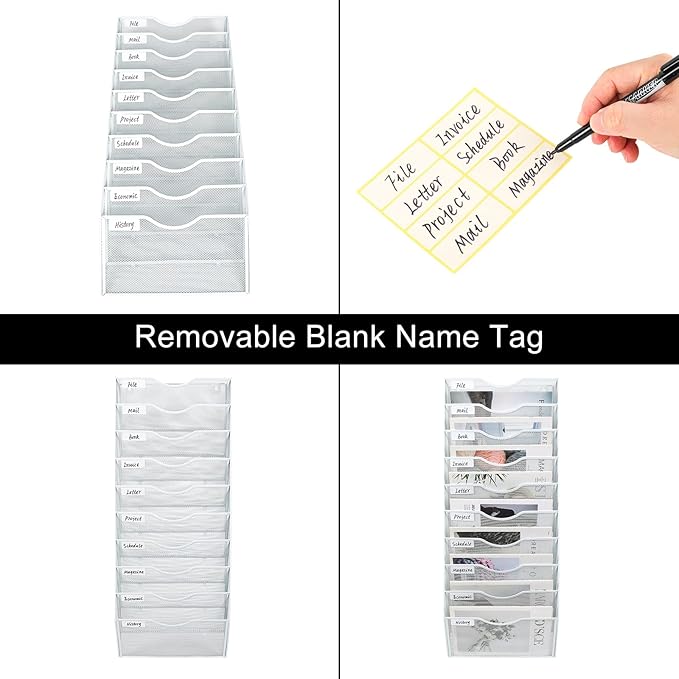 PAG Hanging Wall File Holder Organizer Mail Sorter Literature Rack for Office, 10 Pockets, White