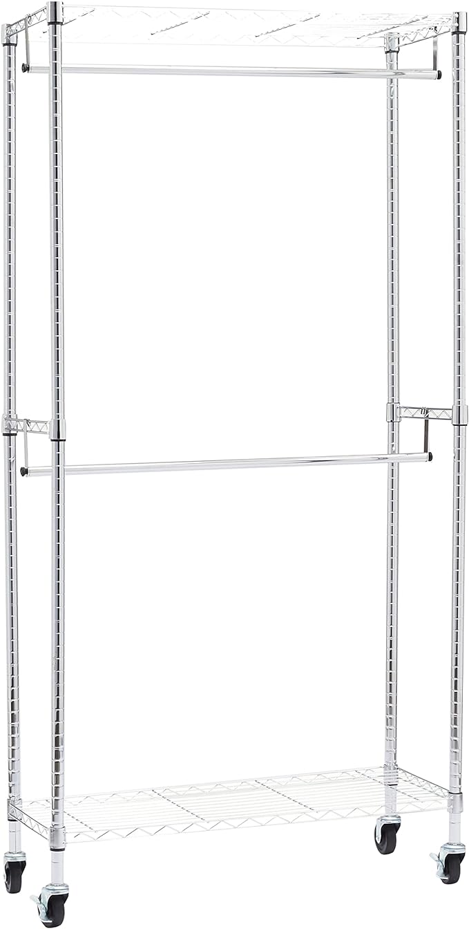Amazon Basics Adjustable Clothes Rack for Handing, Double Hanging Rod Garment Rolling Closet Clothing Organizer, Chrome, 36'' x 14'' x 72''