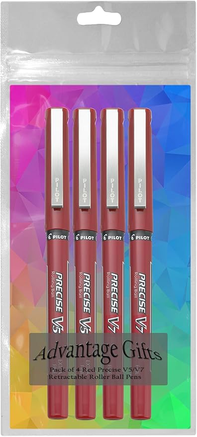 Precise V5/V7 Stick Rolling Ball Pens, Fine and Extra Fine Point, Assorted Points Red Ink, 4-pk; Bundle with Plastic Reusable Pouch
