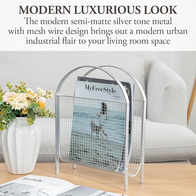 MyGift Mid-Century Design Magazine Rack, Matte Black Tone Metal Mesh Freestanding Magazine Organizer Holder Sling (Silver)