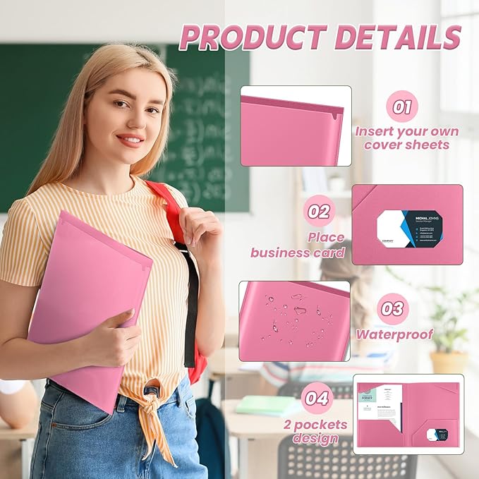 Henoyso 36 Pcs Plastic Folders with Clear Front Pockets Heavy Duty File Folders with 2 Pockets and Card Slot for Student Communication School Office Presentation Report (Pink)