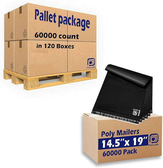 POLYSELLS 60000 pcs 14.5x19 Inches Black Bulk Poly Mailers Shipping Envelopes, Strong Adhesive Sealing, Waterproof and Tear-resistant Postal Mailing Bags for Clothing, Books, and Accessories in Pallet