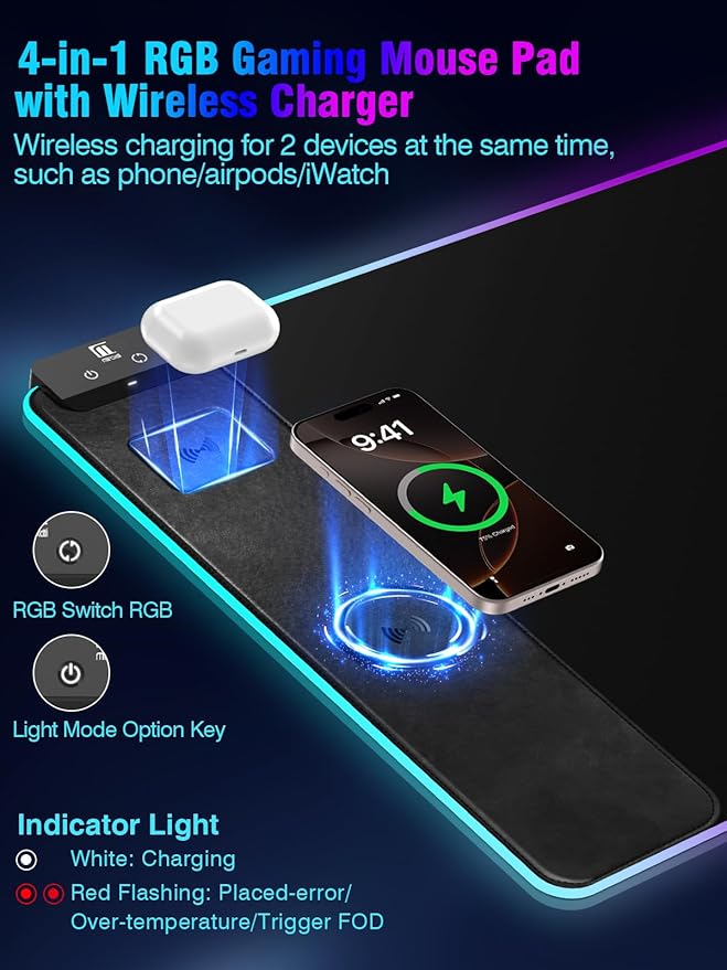 Mouse Pad with Magnetic Wireless Charging, Large Desk Pad Protector, RGB Black Mousepad Desk Mat with 15W Fast Charger, 4mm Thick Non-Slip, Waterproof Laptop Writing Pad for Office, Home, Gaming