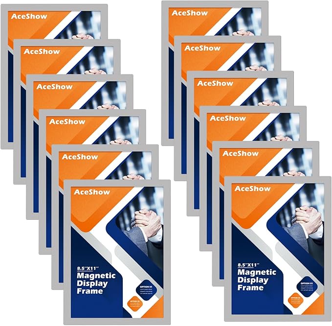 Magnetic Sign Holder - 8.5×11" Wall Mounted Self-Adhesive Magnetic Paper Holder, Transparent Wall Display Picture Frame with Silver Edge, Suitable for Office, Store, Mall, Home (8.5"x11" 12pack)