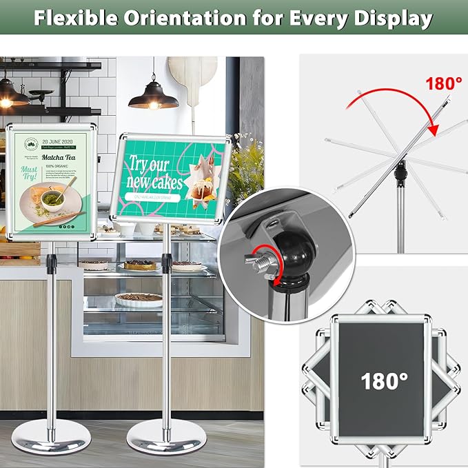 11x17 inches Poster Stand Holder Adjustable Floor Standing Sign Holder Vertical and Horizontal View Sign Display, Aluminum Snap Frame with Safety Corner, Silver