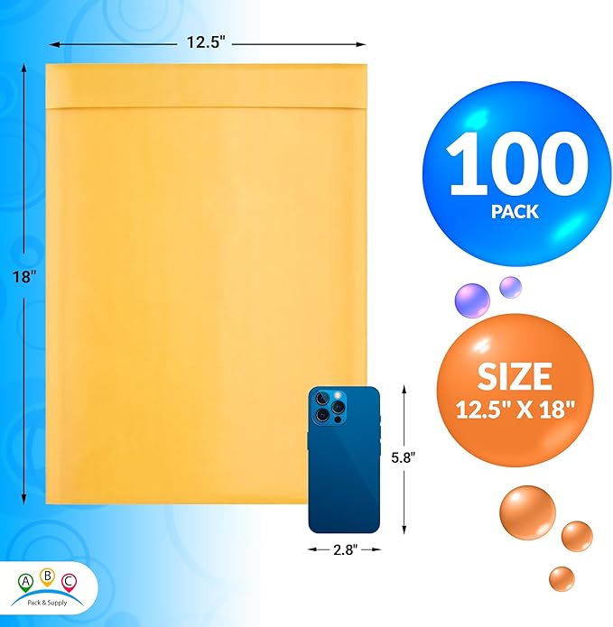 ABC PACK & SUPPLY Gold Kraft Bubble Mailer Envelopes, 12.5 x 18 Inches. 100 Pack Mail Padded Envelopes Self Seal. Kraft Bubble Mailers. Tear-Resistant Mailing Envelope Padded. Sturdy Paper Mailer