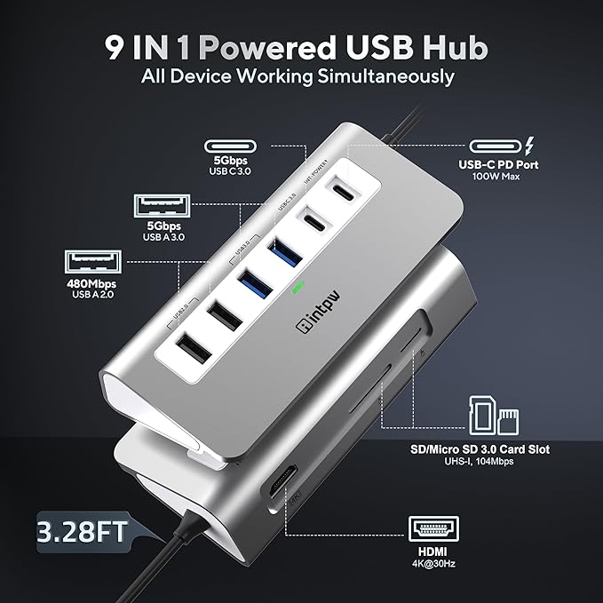 USB C Hub, 9-in-1 Laptop Docking Station with 3.28FT Cable, USB HUB for Laptop with 4K HDMI, PD 100W, USB-C and 2 USB A 3.0 5Gbps, 2 USB A 2.0, SD/TF Slot for MacBook Air/Pro iPad Type-C Laptop