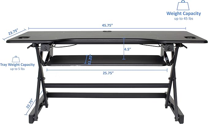 Rocelco 46" Large Height Adjustable Standing Desk Converter with Dual Monitor Mount Arm BUNDLE - Quick Sit Stand Up Computer Workstation Riser - Retractable Keyboard Tray - Black (R DADRB-46-MA2)