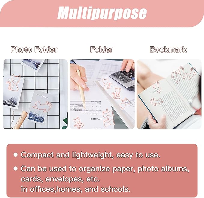 80 Pcs Rose Gold Cat Creative Metal Paper Clips - Fun Office Supplies for Cat Lovers (Rose Gold Catg)