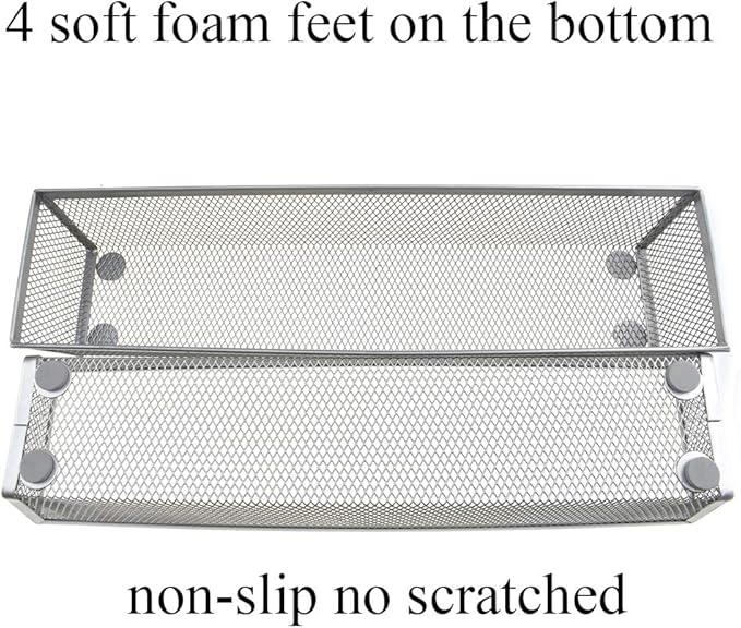 HAHIYO Stackable Mesh Tray Cup 12 x 3 x 2 inches Sturdy Container for Desk Drawer Organizer Collection for Home Office School kitchen Soft Foam Feet No Sharp Edges 2 Pack Silver
