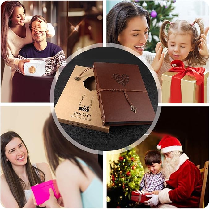 ThxMadam Scrapbook Album Leather Photo Album Vintage Wedding Guest Book DIY Memory Book with 60 Black Pages Present for Christmas Valentines Anniversary Mother’s Day Birthday Gift for Mum Dad Friend