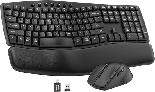 Quiet Wireless Keyboard and Mouse Combo, 30dB Silent Full-Size Ergonomic Keyboard Set with Wave Keys & Soft Palm Rest, Dual-System Switch for Windows/Mac, Ideal for Business Teams Home Office—Sablute