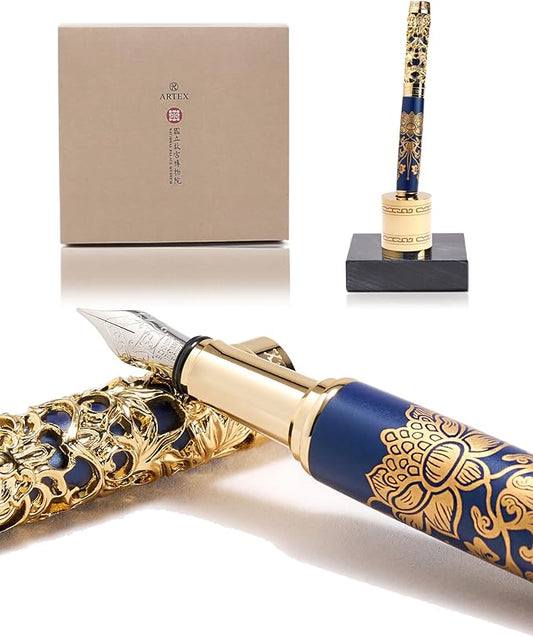 Luxury Fountain Pen Set With Stand - Museum Art Collections - Crafting Timeless Beauty - the Best Gift & Office Desk Decor, German SCHMIDT Fine Nib, Solid Metal & Marble Texture
