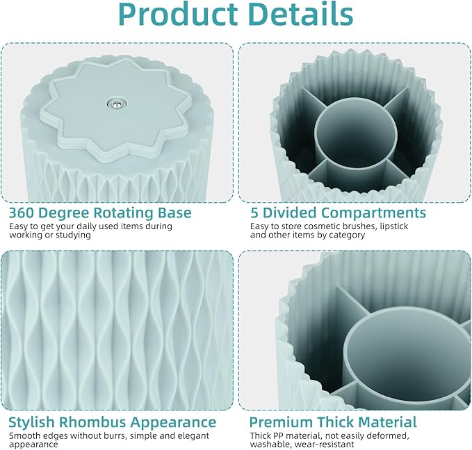 Blue Pen Holder for Desk, 360 Degree Rotating Desk Organizer with 5 Compartments, Pen Pencil Makeup Brush Holder, Cosmetics Lipsticks Pen Organizer for Home Office School