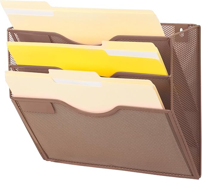 EASEPRES 3 Pocket Mesh Hanging Wall File Organizer, Wall Mounted Mail Paper Document Folder Holder, Clipboard Storage Organization Magazine Rack with Nametag Label for Office Home School, Brown