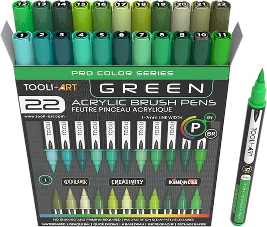 22 Flexible Brush Tip Acrylic Paint Pens Markers Set 1-7mm Line for Rock Painting, Brush Lettering, Glass, Mugs, Wood, Metal, Canvas, Fabric, Plastic. Non Toxic Waterbased Quick Drying Assorted Green