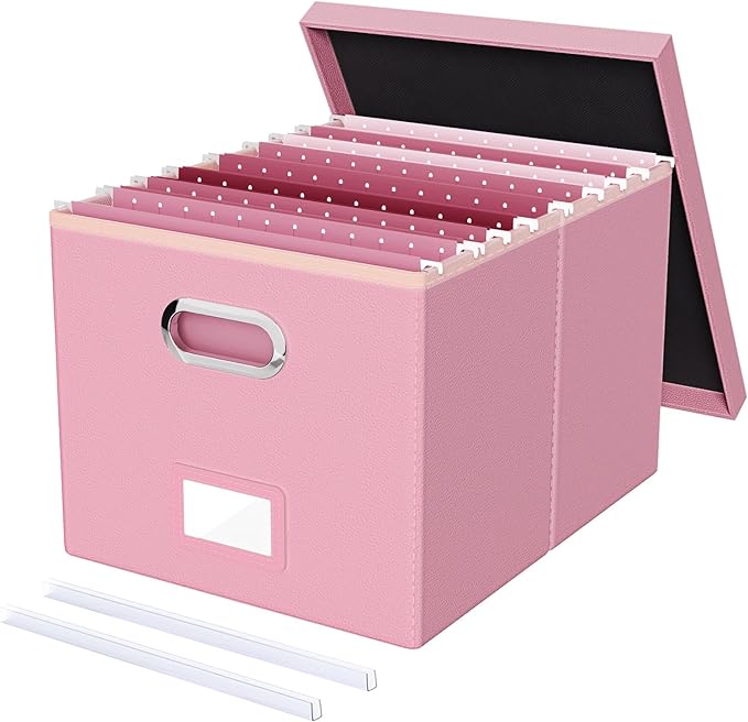 Oterri File Organizer Box,Filing Box with Lid,File Box for Letter/Legal File Folder Storage, Portable Hanging File Box for Office/Decor/Home,1 Pack, Pink(Leather),Box only